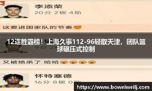 12连胜霸榜！上海久事112-96轻取天津，团队篮球碾压式控制